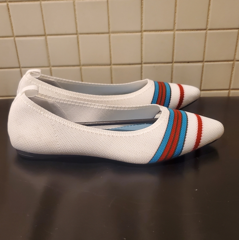 Breifola Women's Memory Foam Stripe Pointed Toe Ballet Flats White Multi 6